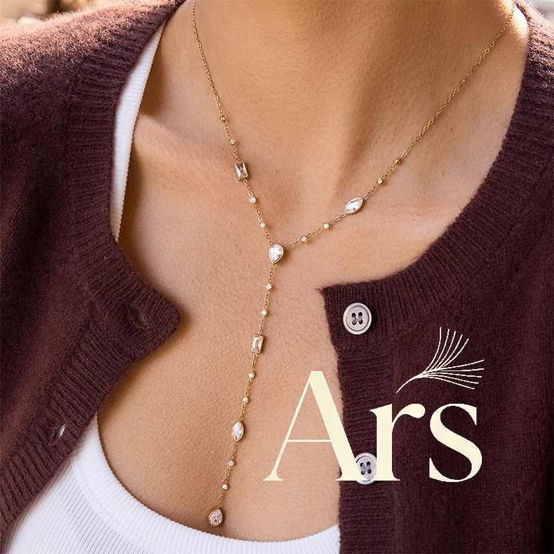 Ars 18k Gold Plated Stainless Steel Y Necklace for Women Multi Geometric Zircon Tassel Necklaces Everyday Long Chain Necklaces