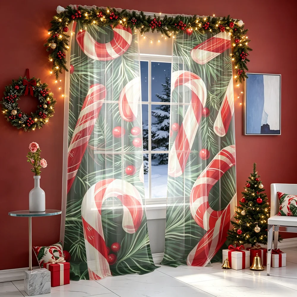 2PCS Christmas Curtains, Candy Canes Pine Branches Print, Bedroom Living Room Window Drapes, Rod Pocket Polyester, Home Decor