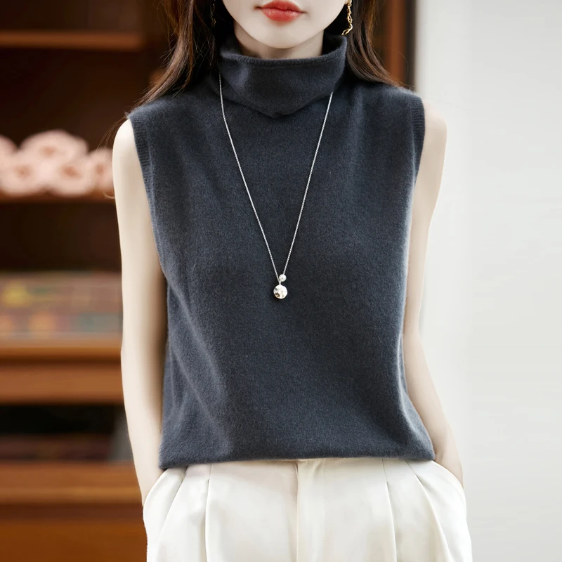 

Women's Autumn/Winter Knit Collar Wool Vest Sleeveless 100% Wool High-Neck Soft And Fluffy Versatile Fluffy Wool Vest for Women