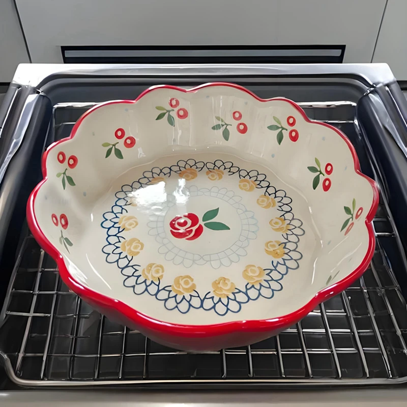 7.8 Inch Red Cherry Baked Bowl Ceramic Salad Mixing Bowl Pasta Oatmeal Bowl Pudding Backing Bowl Microwave Safe Dinnerware