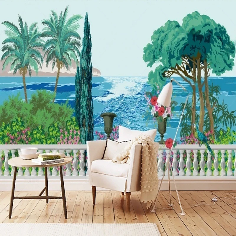 Customized Vintage European Style Hand-Painted Coconut Tree Seascape Wall Mural for Living Room Bedroom Wallpaper Background