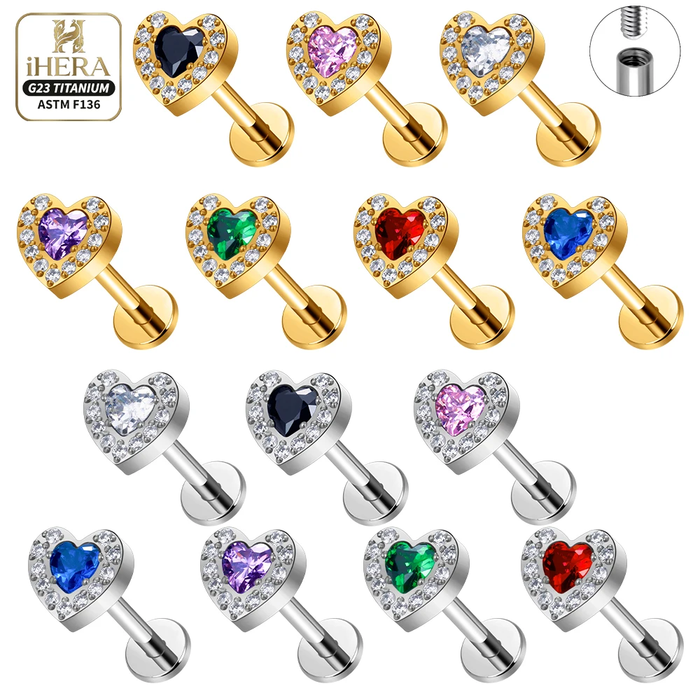ASTM F136 Titanium Heart CZ Internally Threaded Flat Back Lip Labret Tragus Helix Cartilage Piercing Studs Jewelry Wholesale