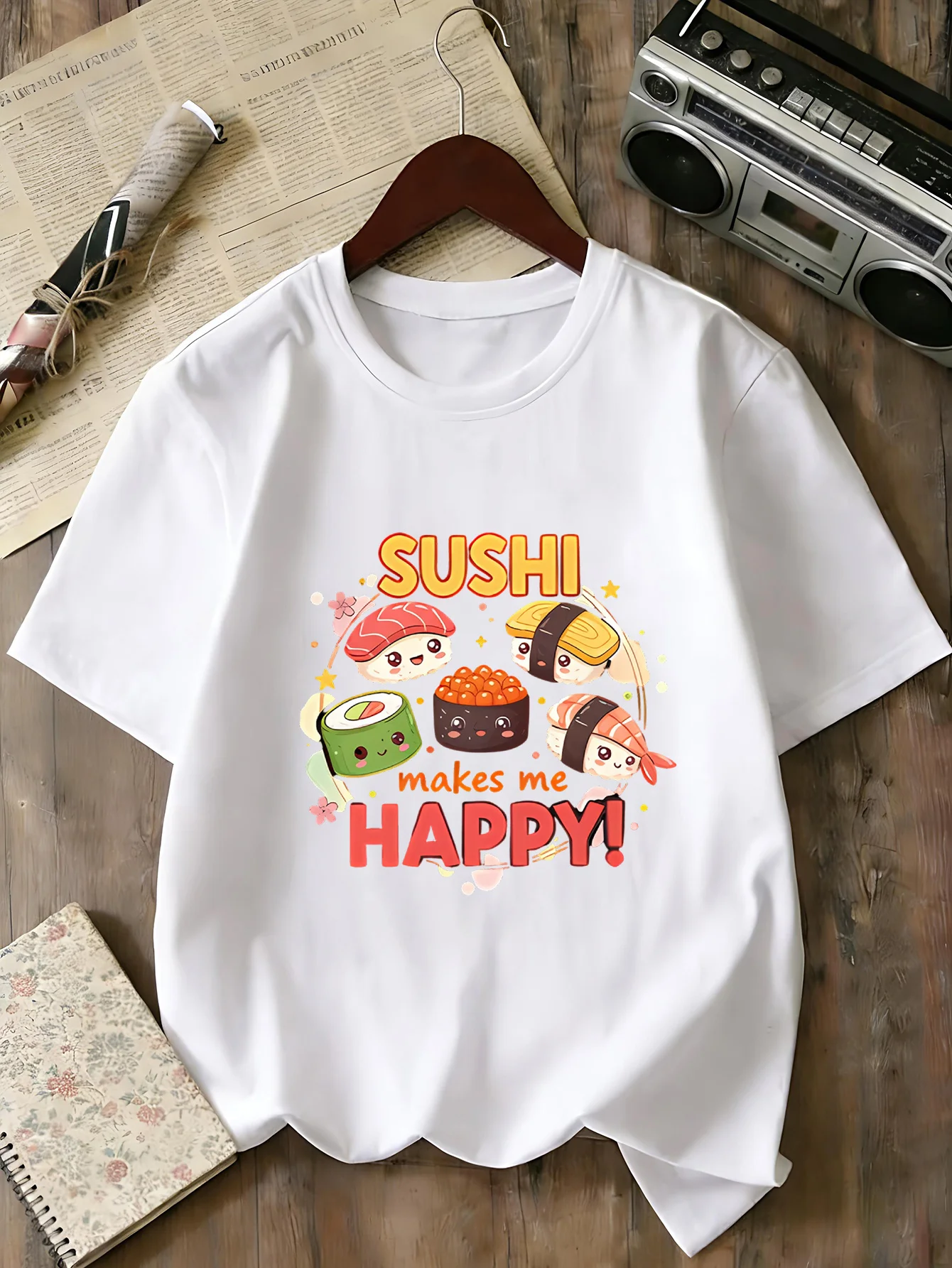 Boys Girls Family Matching Tee Kawaii Sushi Sushi Makes Me Happy Art Print Short Sleeve Soft Cotton Kids Daily Outdoor Outfit