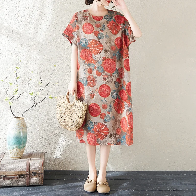 

Summer Thin Cotton Linen Print Artistic Women's Knee-Length Midi Dress Short Sleeve Straight Cut City Walk Casual Dress