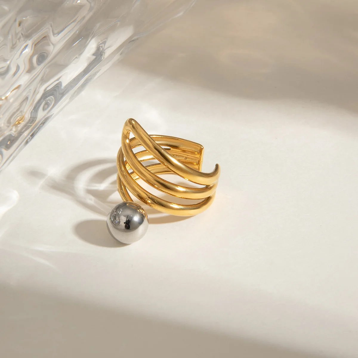 Yori Stainless Steel Gold Color Stacked Layer Rings Waterproof 18K PVD Plated Individualistic Jewelry Accessories Gift