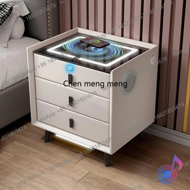 Drawer Modern Bedside Table Wireless Charging Station Fingerprint Lock Speaker 3 Color LED Lights Bedroom White 3 Drawers