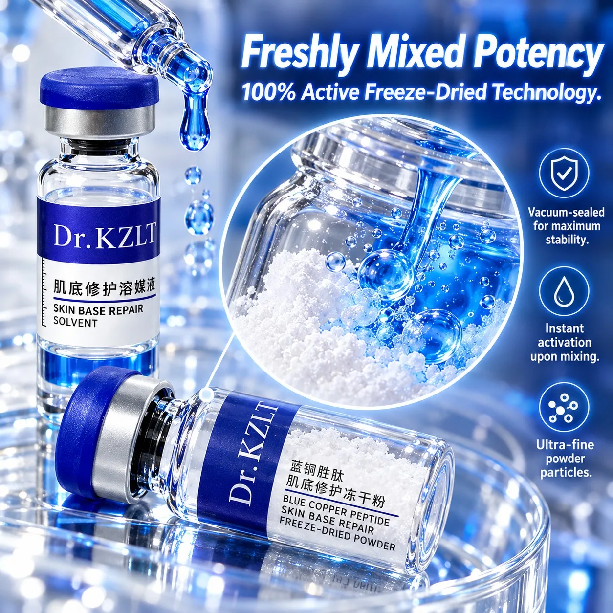 GHK-Cu Blue Copper Peptide Freeze-Dried Powder Ampoule, Firming Hydrating Sensitive Skin Acne Scar Repair Face Booster 1 Kit
