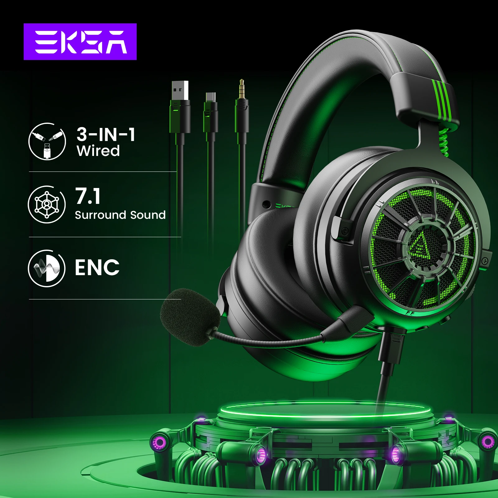 EKSA E5000 Pro Gaming Headphones for PC/PS4/Xbox/Switch, 7.1 Wired Headset Gamer with ENC Mic, USB/Type C/3.5mm Detachable Cable