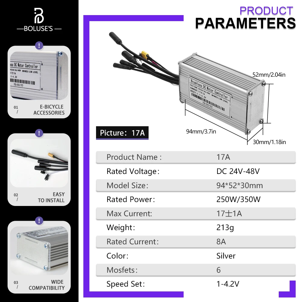 

Ebike Sinewave Controller 350W Electric Bike Three Mode Brushless Controller 17A waterproof plug UART Protocol No.2 No Hall Work