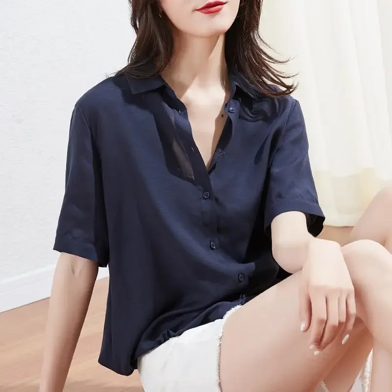 Women Summer Simplicity Commuting Drawstring Solid Color Large Size Shirts Women Clothes Casual All-match Appear Thin Top Tee