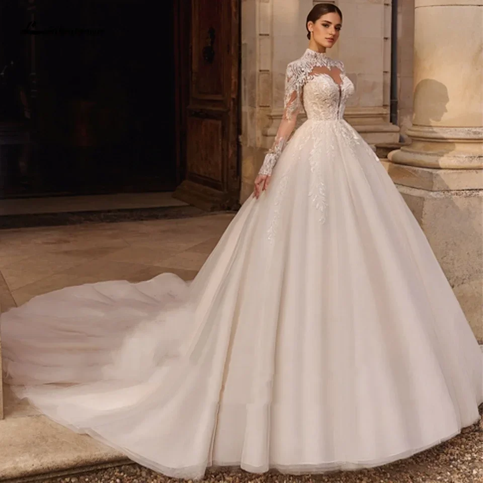 

Luxury Long Sleeve Wedding Dresses 2026 High Neck Church Beading Lace Applique Bridal Ball Gown Vestidos De Novia Customized