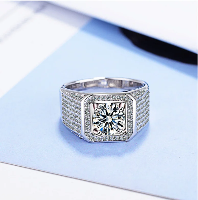 Simulated 2 Carat D Color Moissanite Wedding Band Men Ring 925 Sterling Silver Engagement Rings Bague For Man Gift
