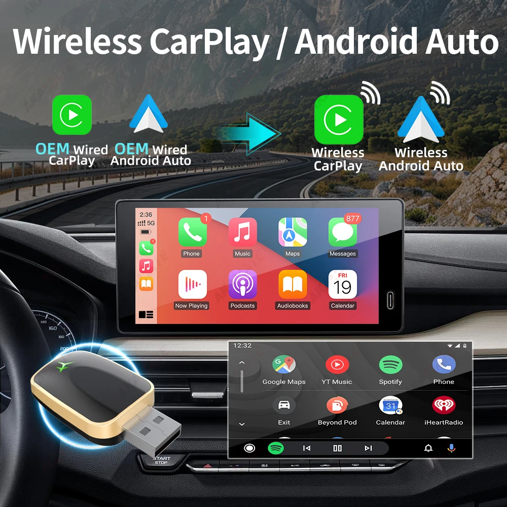 2IN1 محول CarPlay Android Auto اللاسلكي للسيارة مع CarPlay السلكي Android Auto Car Radio Plug and Play USB Type-c Dongle
