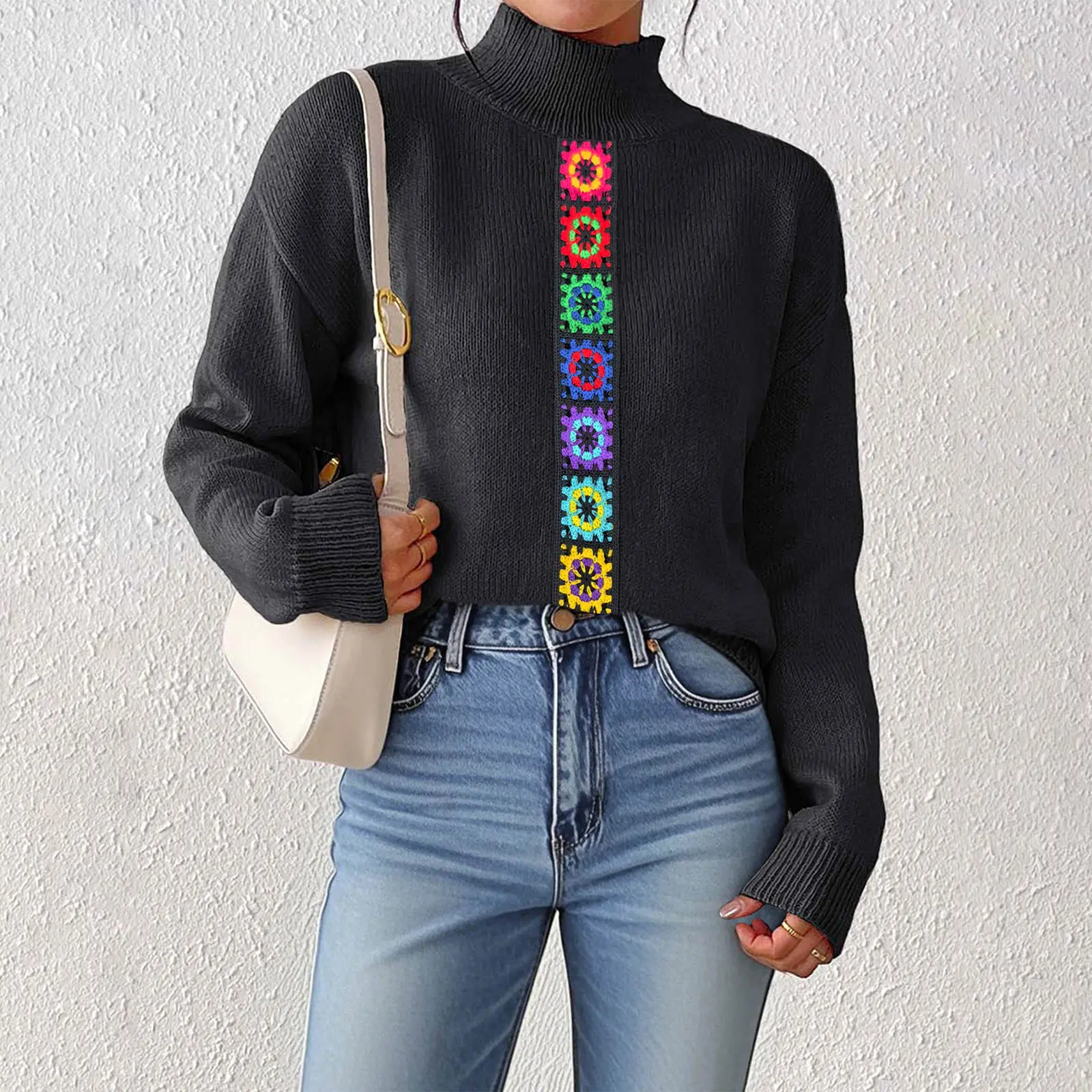 

Women'S Fashion Crocheted Patchwork Knitted Top With Half-High Collar And Pullover Sweater Ropa De Mujer Winter Clothes Woman