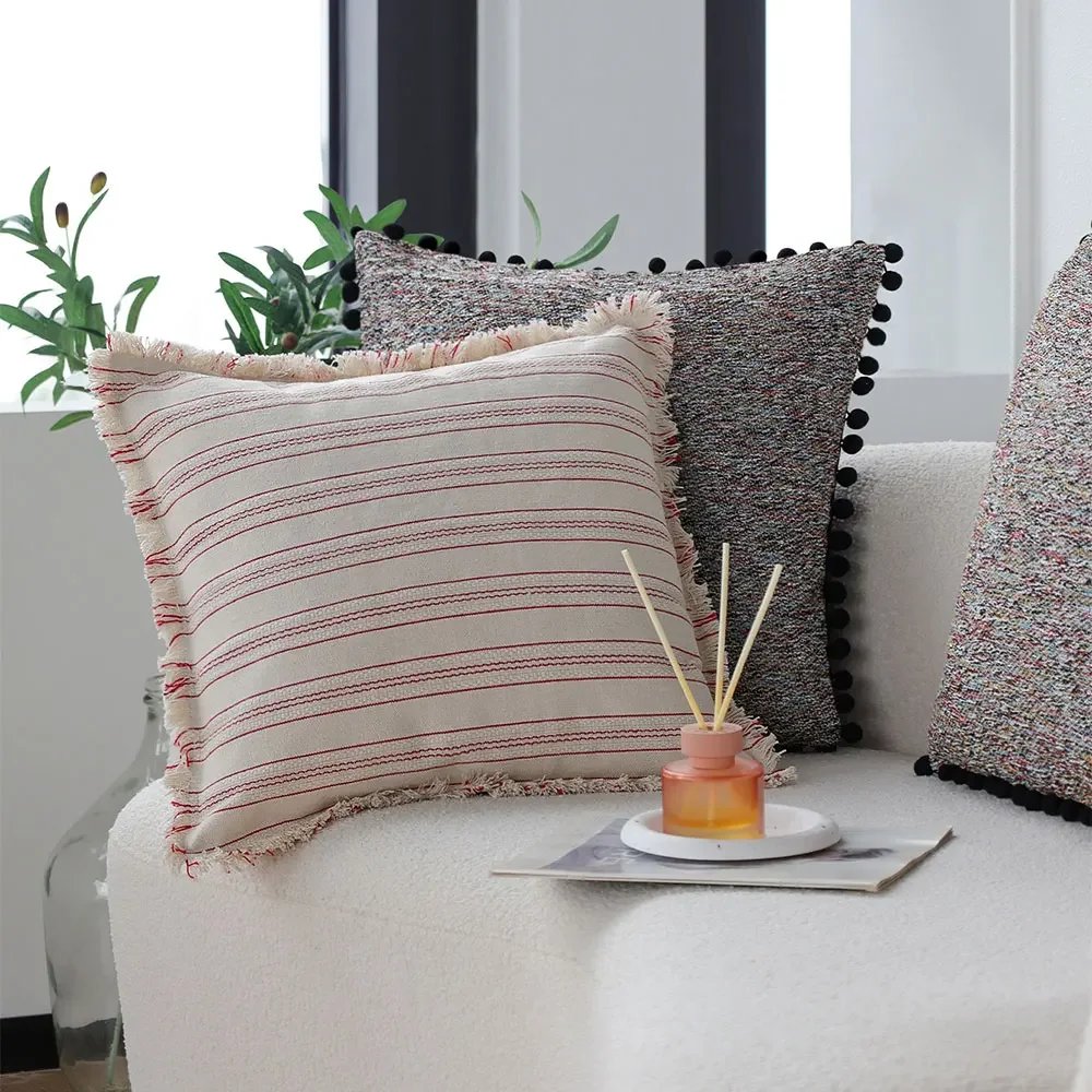 Cotton Polyester Tassel Cushion Cover Vintage Boho Style Home Decorative Throw Pillow Cover Living Room Sofa Striped Pillowcase