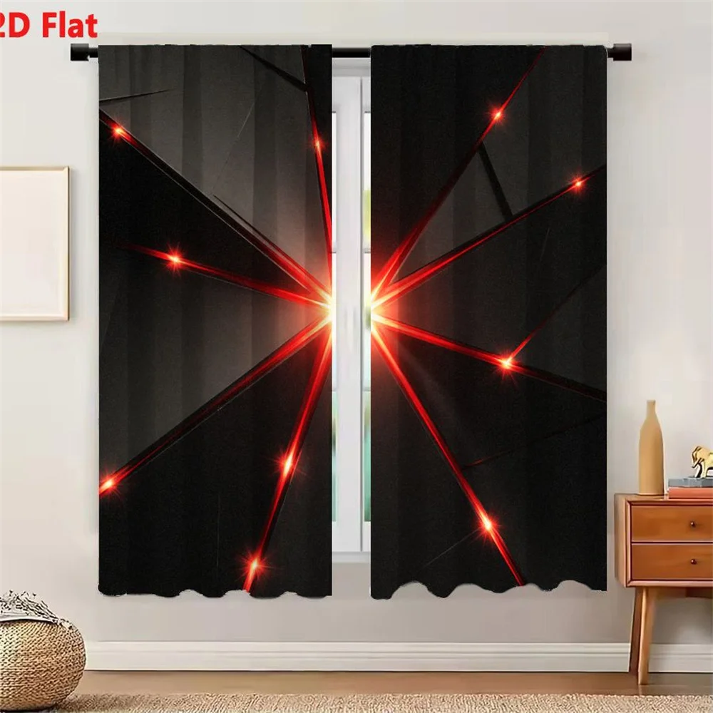 2Pcs Curtains 2D Flat Abstract Dynamic Starburst Design With Radiant Red Lines And Sparkles On Dark Background Window Drapes for