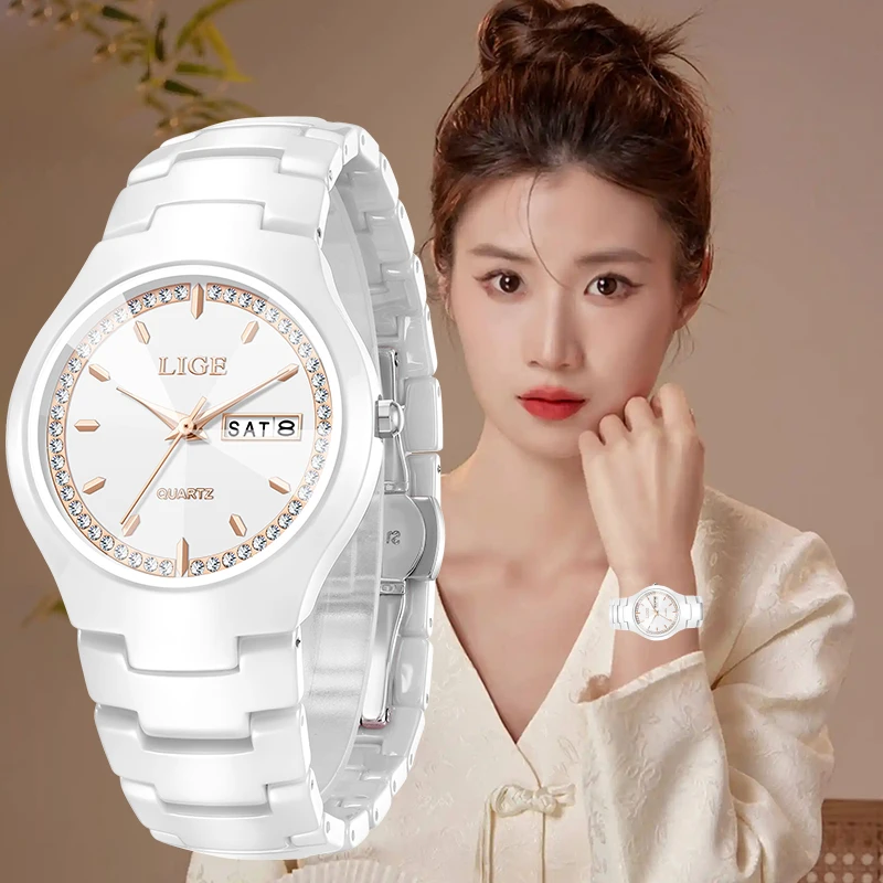 

LIGE Design Woman Watch Elegant Casual Ceramics Strap Simple Waterproof Date Week Quartz Watches for Women Ladies Bracelet Gifts