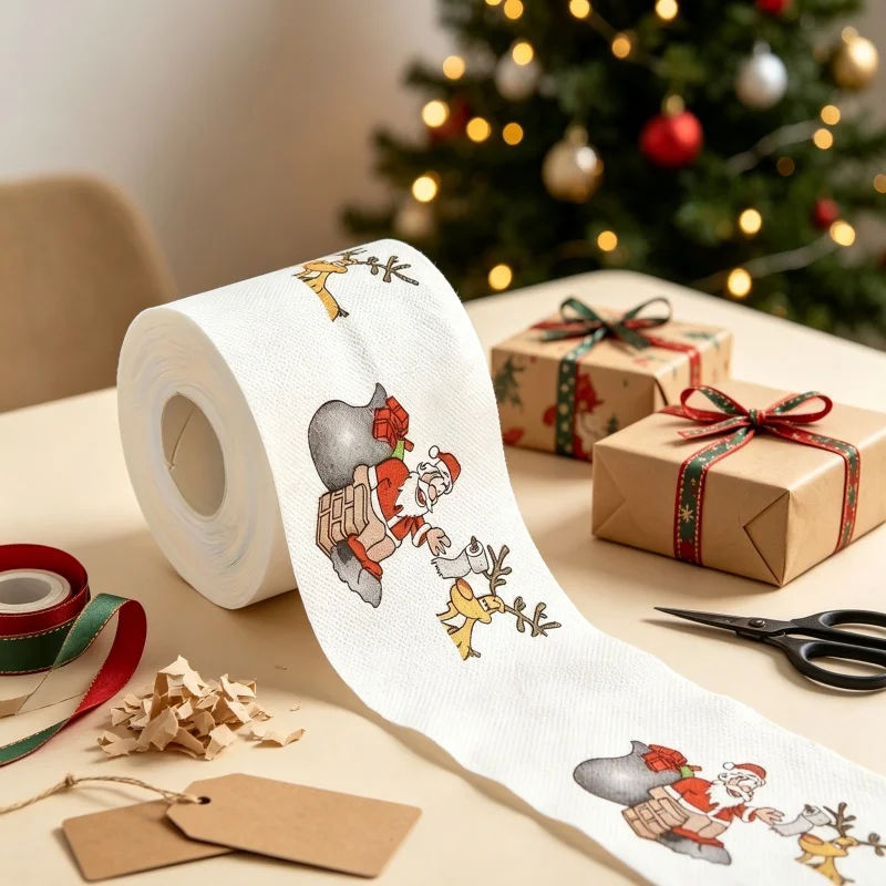 2 Roll Christmas Funny Printed Toilet Paper, Santa & Reindeer Novelty Decorative Tissue, Xmas Party Dining Table Ornament, Bathr