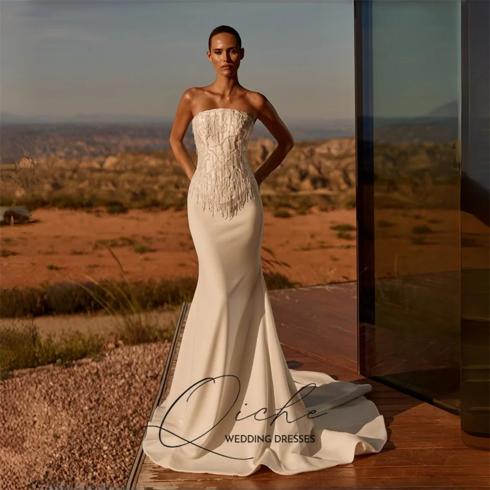 QICHE Elegant Beading Lace Mermaid Wedding Dress Strapless Sleeveless Open Back Bridal Party Gowns Customized Vestidos De Novia