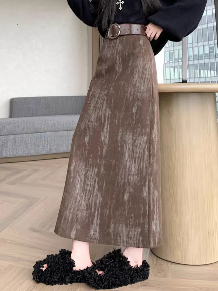 Gonna tubino in velluto tie-dye con gonne midi a trapezio a vita alta con spacco alto per donna, elegante gonna aderente autunno inverno