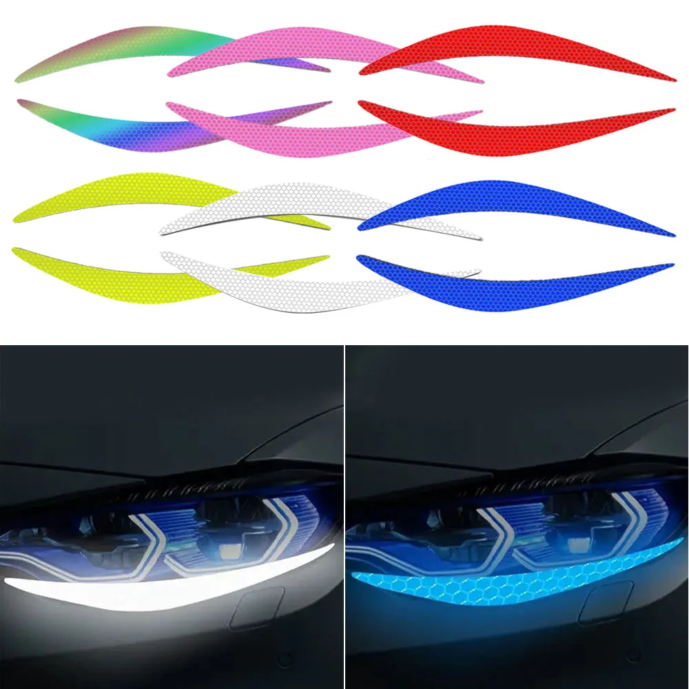

2pcs Car Front Light Anti-collision Decoration Decal Headlight Eyebrow Reflective Sticker Eyelid Safety Warning Trim Strip