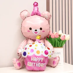 1PCS 31IN Cute Pink Bear Holding Cake Shaped Aluminum Balloon Birthday Party Decoration Aluminum Film Balloon Birthday Gift Ball