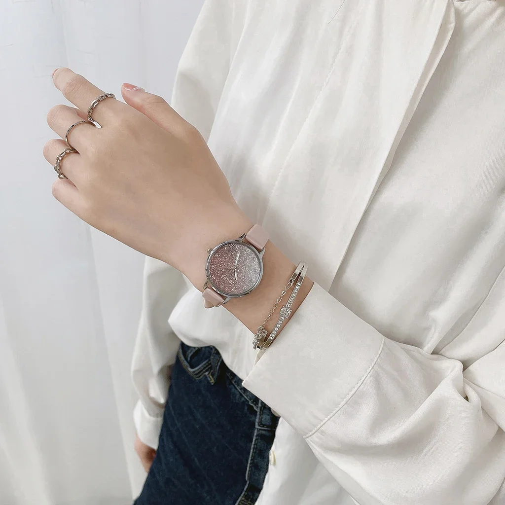 럭셔리 캐주얼 여성 시계, 심플 반짝이 크리스탈 여성 팔찌 시계, 캐주얼 가죽 쿼츠 시계, 여성 패션
