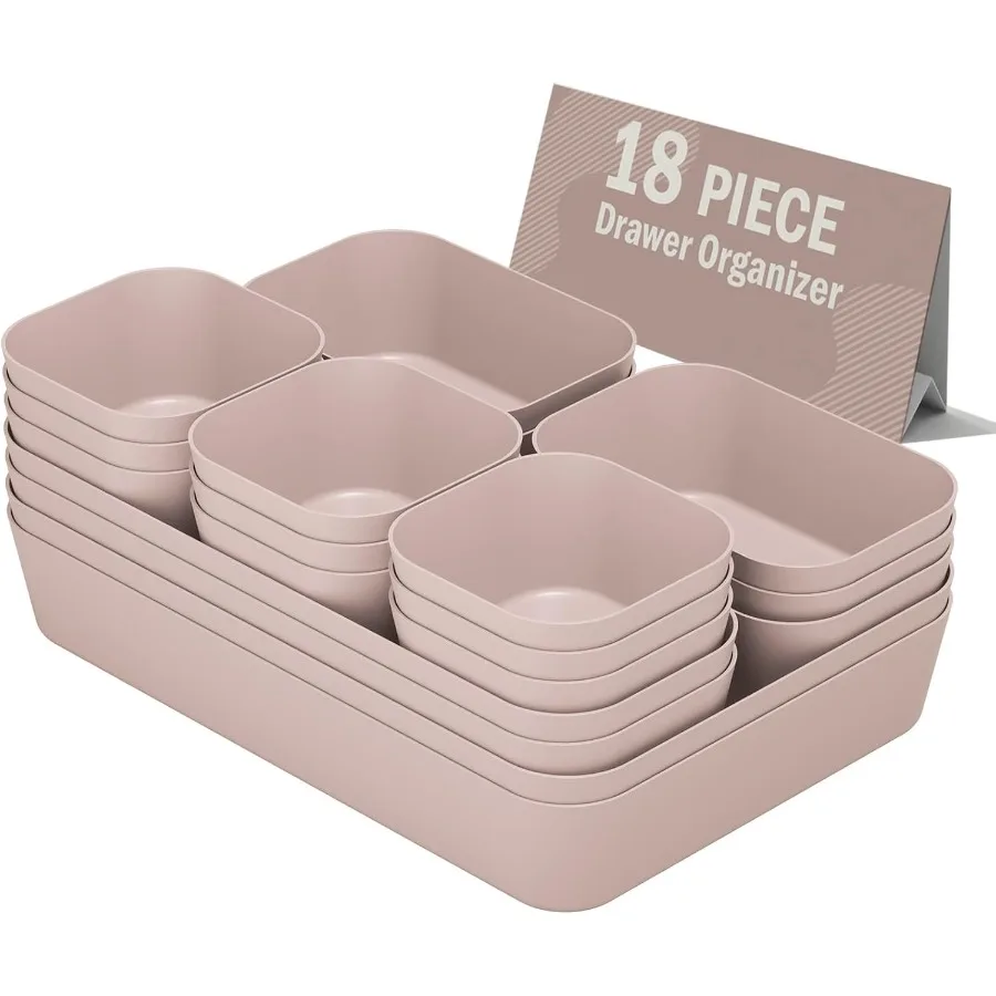 

Plastic Drawer Organizers 18 PCS Bathroom Drawer Organizer Bins Desk and Vanity Organizer Plastic Tray Makeup organizer and sto