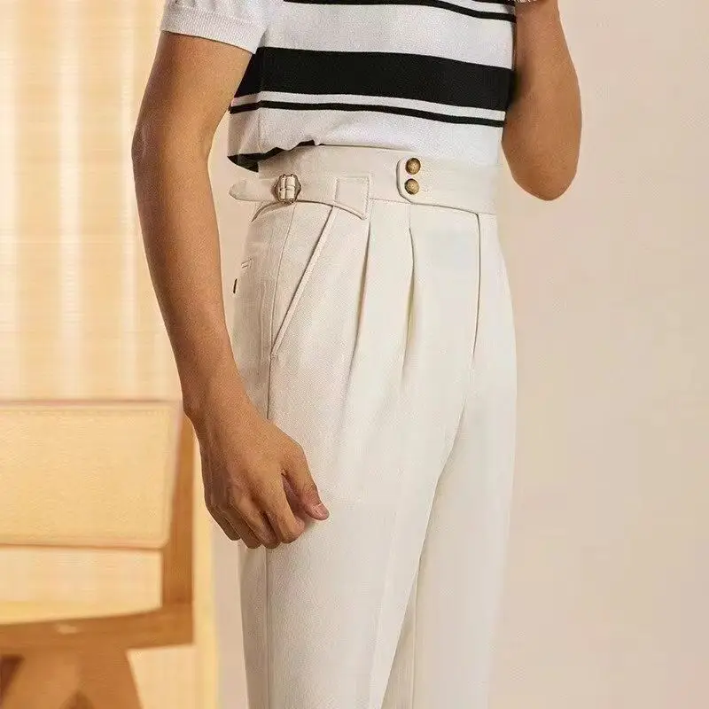 بناطيل رجالية عالية الخصر ، بنطلون مستقيم ، ملابس الشارع غير الرسمية ، الأزياء الكورية ، بدلة العمل ، إبزيم باريس ، الربيع ، الخريف