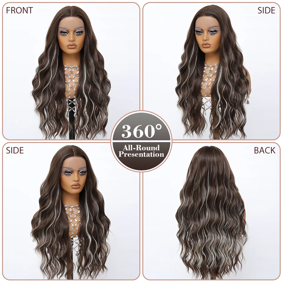 28インチ ブラックレースウィッグ 女性用 ロング合成ウェーブウィッグ ミドルパート オンブレブラウン カールウィッグ 自然な見た目 デイリーパーティー用