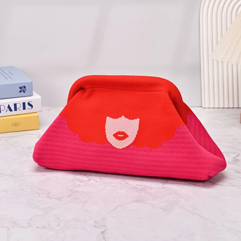 Damen Retro Lippen-Print Strick-Clutch, Orange-Schwarze Vintage-Handtasche für Casual- und Abendpartys, Lippenstift-Make-up-Tasche – Detail 6
