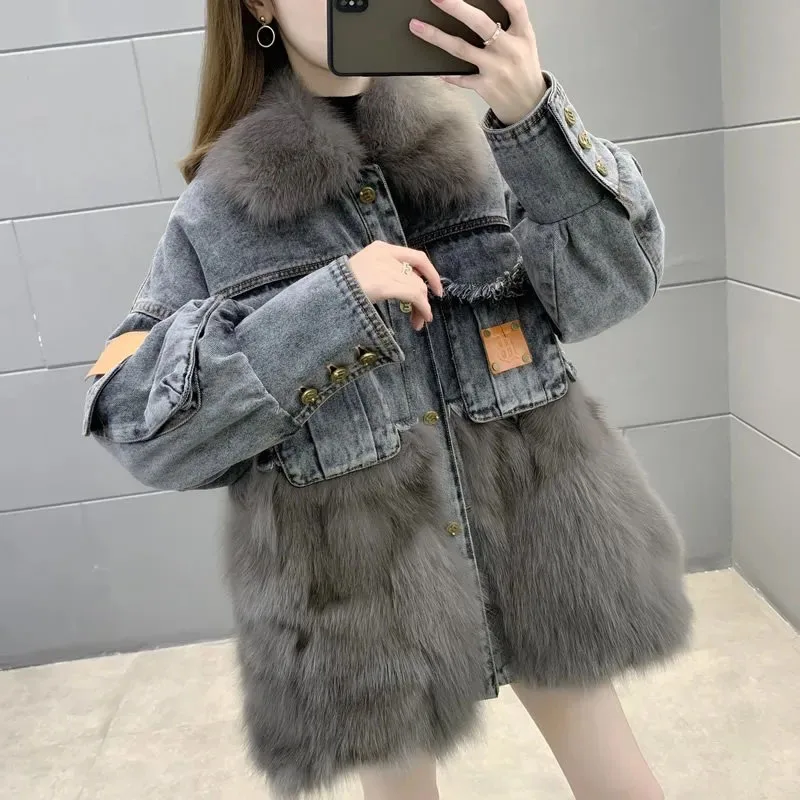 

New Womens Thick Fur Denim Jacket Stitching Fur Collar Parka Overcoat Winter Cold Warm Outerwear Casual Female Motorcycle Coat