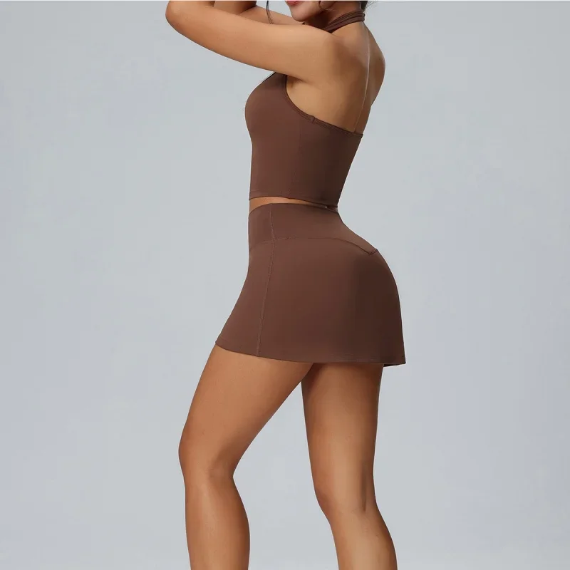 Set Yoge 2 Buah Bra Olahraga Wanita Rok Saku Pinggang Tinggi Latihan Setelan Tenis Pakaian Kebugaran Latihan Ketat Lari Luar Ruangan