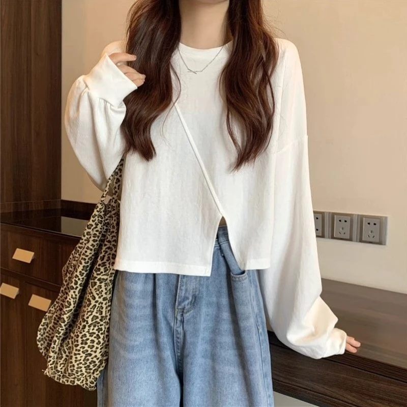 2026 Spring Petite Friendly Irregular Split Short Sweatshirt Thin Loose Outerwear Crewneck Top Match Cargo Trousers