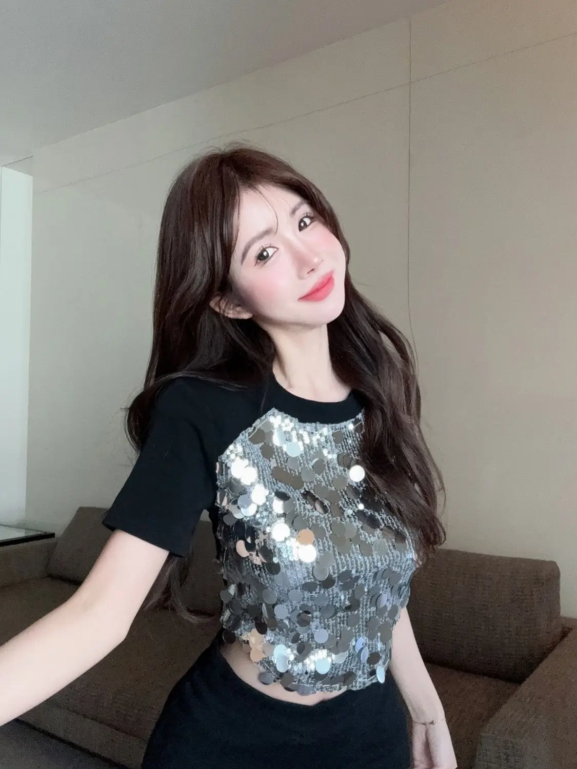 T-shirts Women Summer Slim Cropped Tops Sequined Short Sleeve Stylish K-pop All-match Attractive Charming Sexy Girls Female Chic image 2