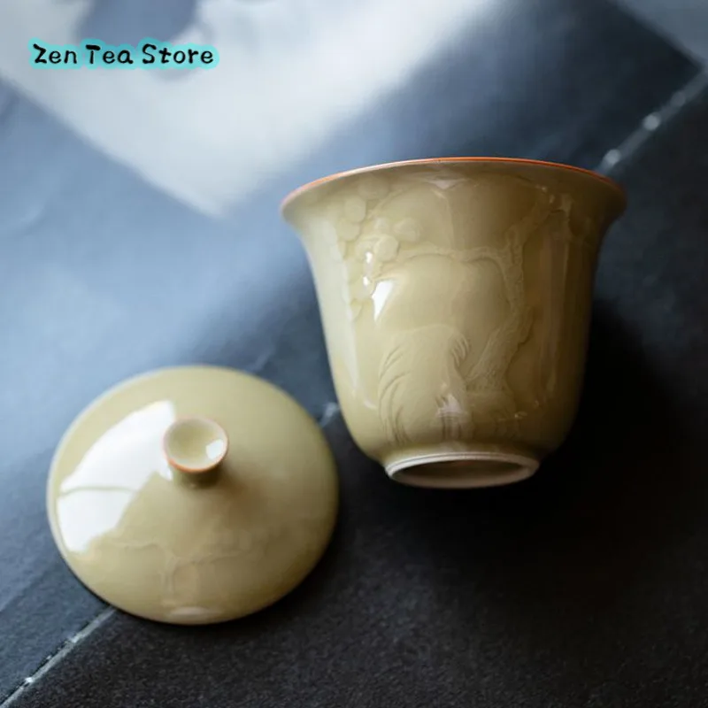 Chinese Retro Ding Kiln Relief Two Cover Bowl A Single High-grade Small Ceramic Kung Fu Tea Set Tea Bowl Small Capacity