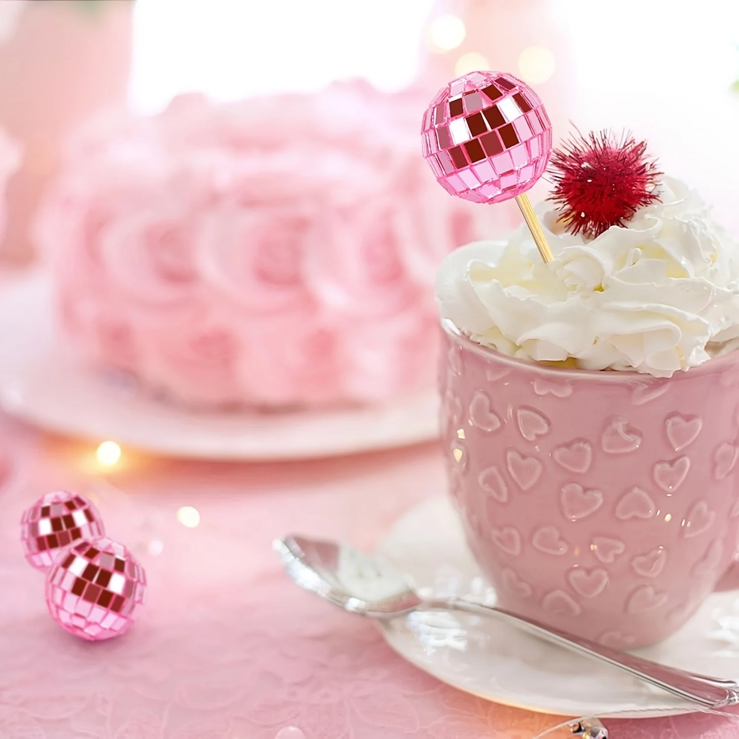 10 Stück 3cm Silber Rosa Discokugel Cupcake-Topper Disco-Thema Kuchendekoration Spiegelkugel mit Holzstab Feiertagsparty-Requisiten – Detail 5