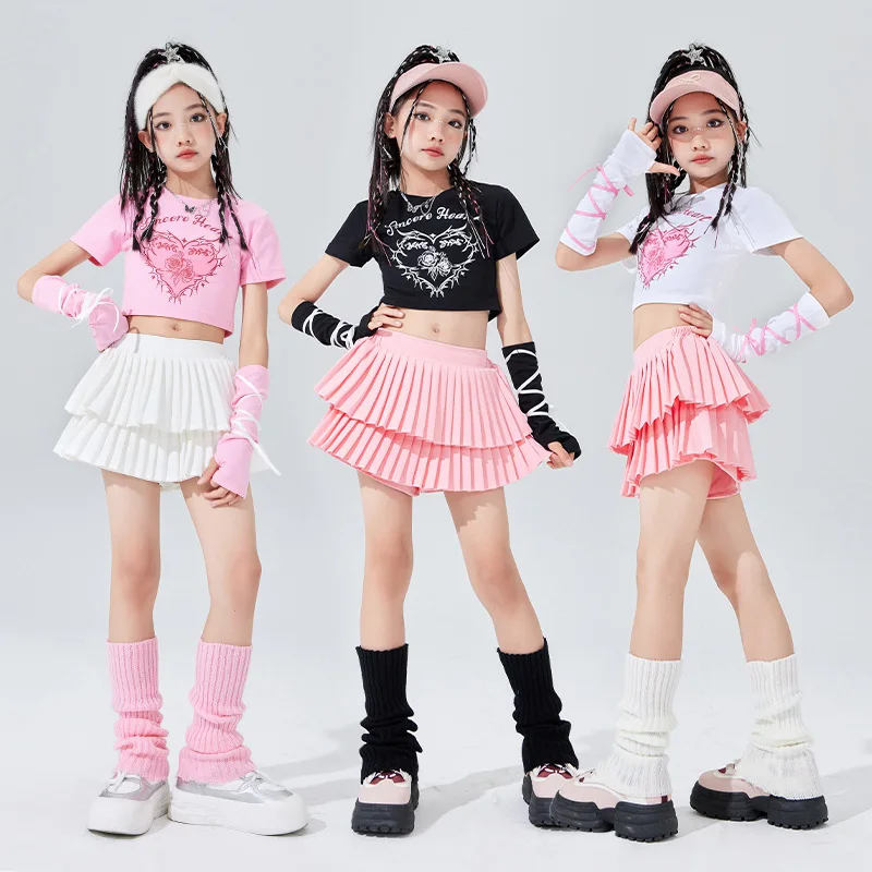 2026 Hip Hop Chic Clothing for Boys, Short Sleeve Shirt with Pink Print, Sleeveless Plaid Skirt in White Layers for Girls, Dress