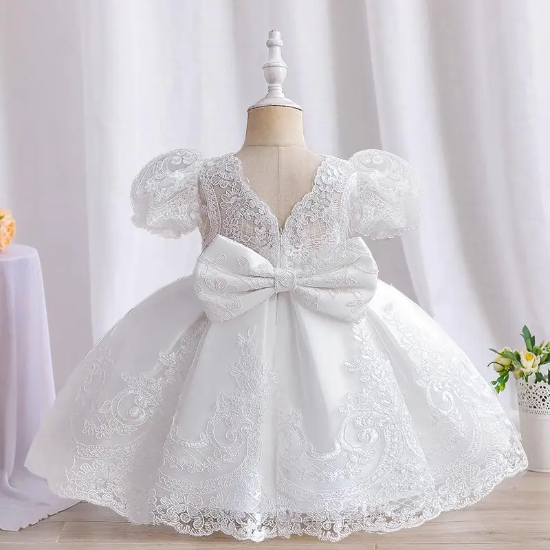 Baby Girl Birthday Princess Dress Elegant Girl Embroidery Beading Lace White Baptism Tutu Gown Kids Formal Evening Party Costume