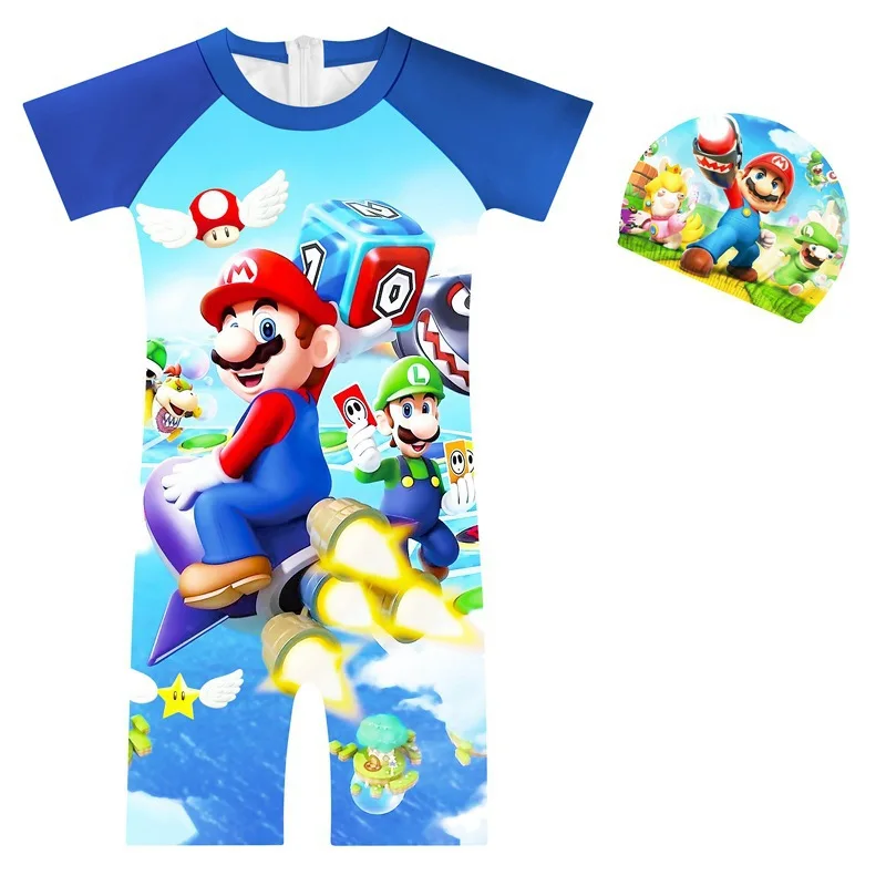 Bañador de Super Mario Bros para niños, traje de baño de una pieza, estampado, manga corta, para playa, regalo