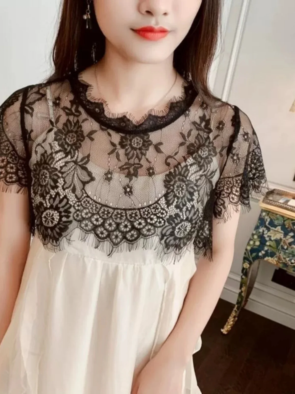 

Women's Versatile Lace Collar Blouse Summer New Style Base Shirt with Strap Skirt Mesh Cover up Korean Style Pure Color