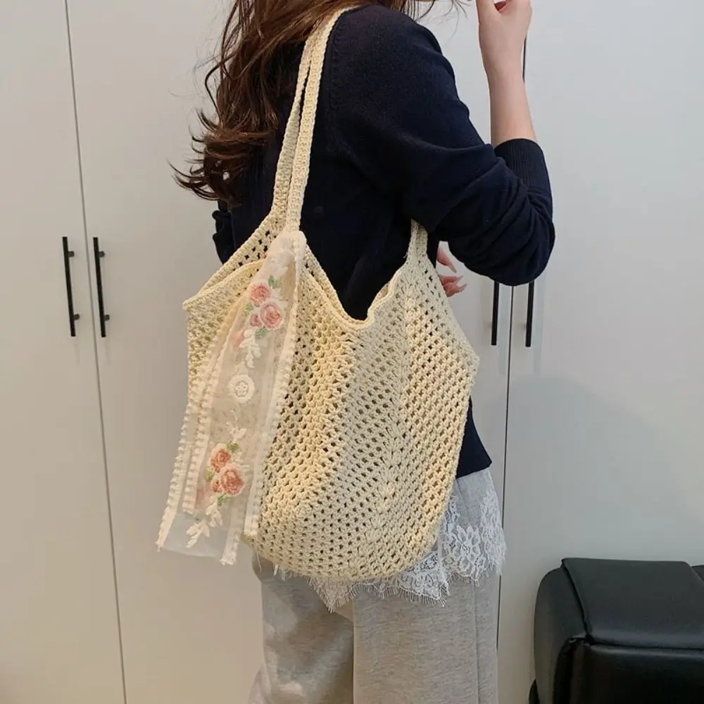 Solid Color Women Knitting Shoulder Bag Large Capacity Hollow Crochet Tote Bag Sundries Storage Bag with Bowknot Ribbon
