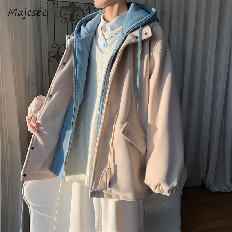 

Fake Two Pieces Jackets Men Hooded Panelled Korean Style Stylish Youthful Vitality Temperamen Spliced Autumn Winter Harajuku