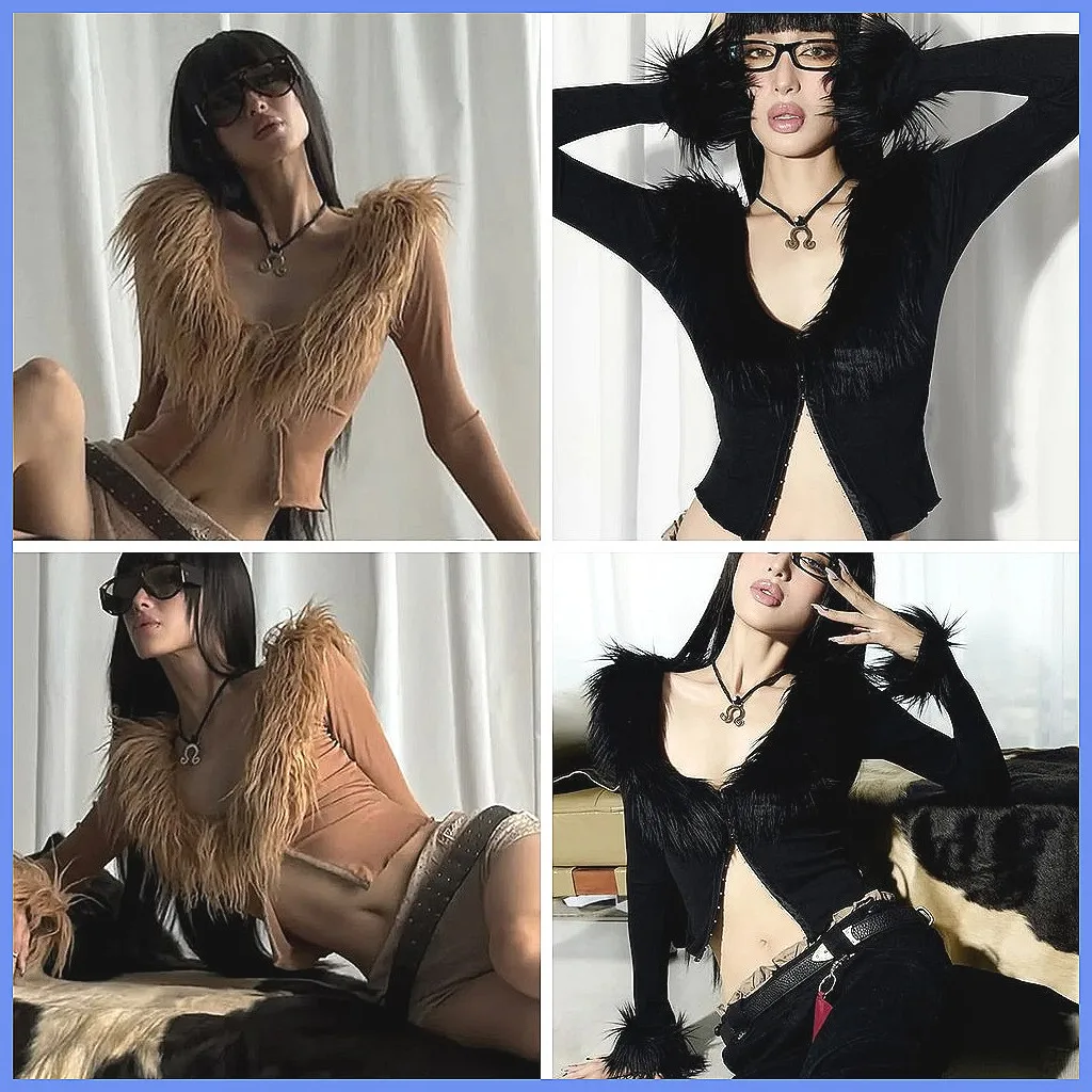 

Women's Vintage Patchwork V-Neck Top Long Sleeve Metal Buckle Stretch Tee Streetwear Clubwear