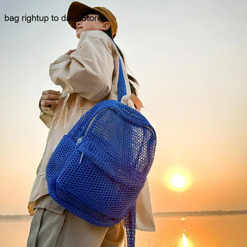 Pure Color Large Capacity Summer Hollow Mesh Beach Bag for Travel Lightweight and Casual Backpack for Women