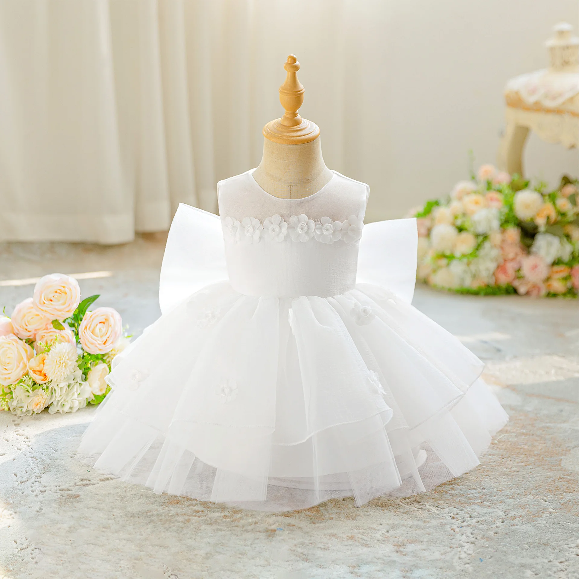 1st Birthday Baptismal Wedding Dress First Communion White Dress Baby Girl Clothes Bowknot Princess Dress Children's Clothing