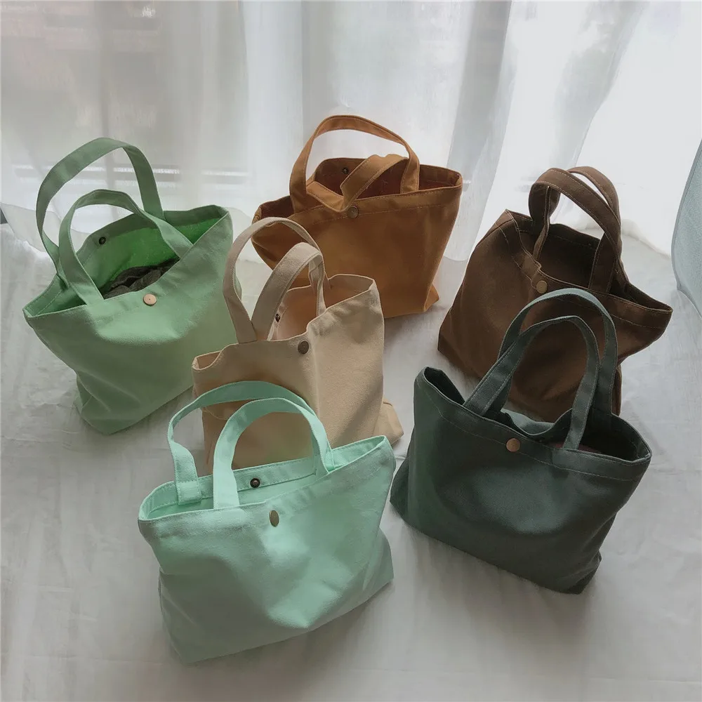 Fashion Canvas Bags Solid Color Women Shopping Bag Eco-Friendly Foldable Bag Grocery Bags Folding Pocket Tote Shoulder Handbags