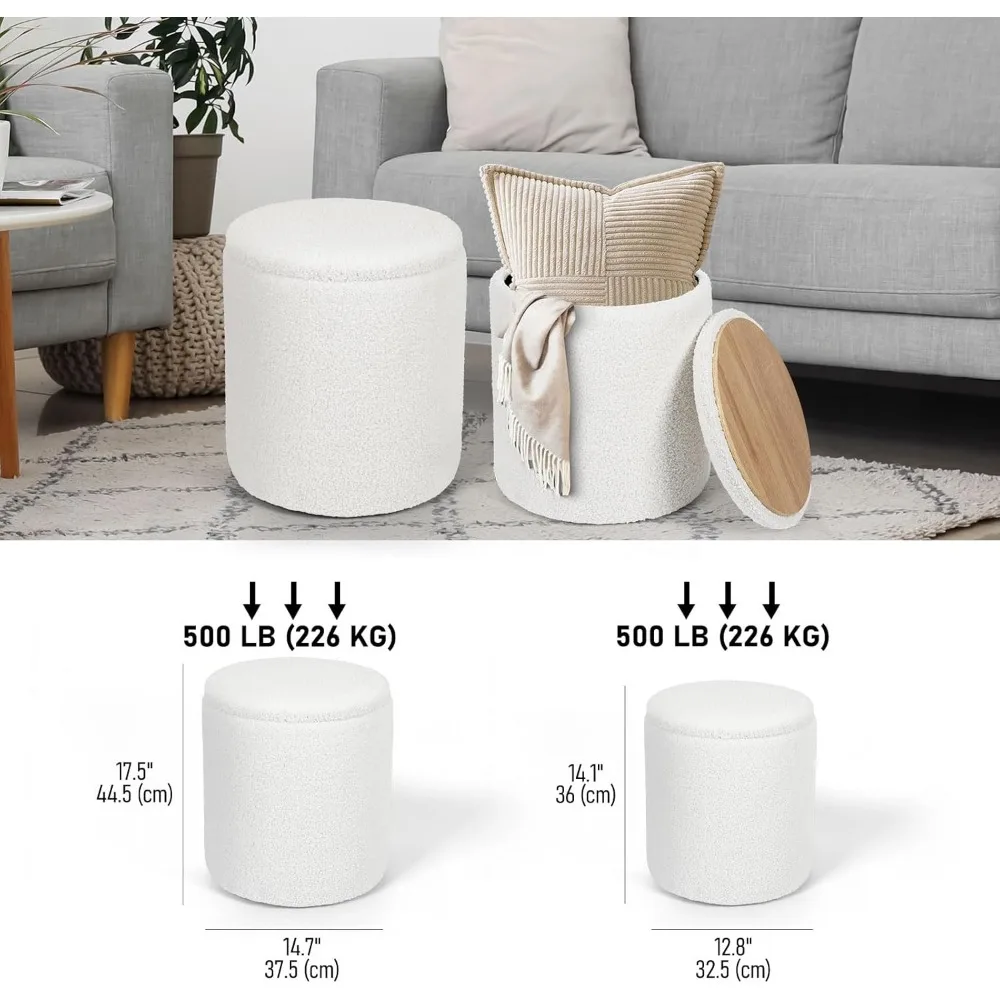 2 Set Round Ottoman Storage, White Teddy for Makeup Vanity Stool Chair, Modern Multifunctional Foot Rest Stool for Bedroom