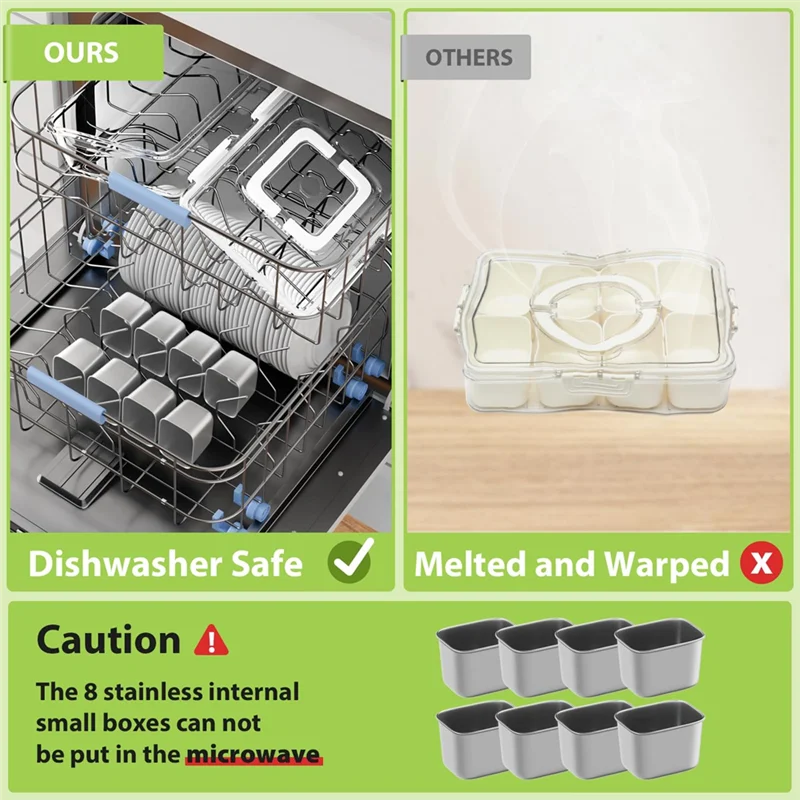 

A27F-8 Compartment Snackle Box Container,Stainless Steel Divided Serving Tray With Lid Handle Portable Snack Platters