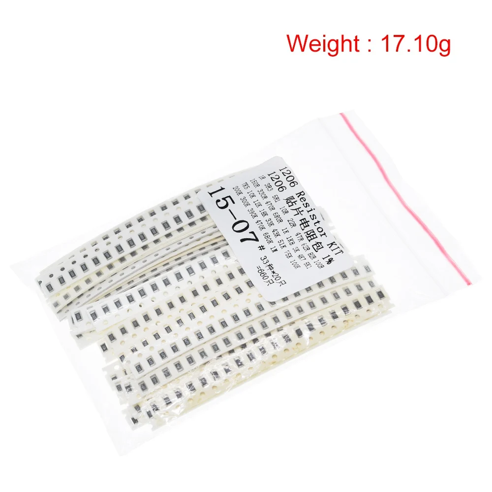 TZT 0603 0805 1206 Kit de resistencias SMD Kit surtido 1ohm-1M ohm 1% 33valuesX 20 piezas = 660 piezas Kit de muestra